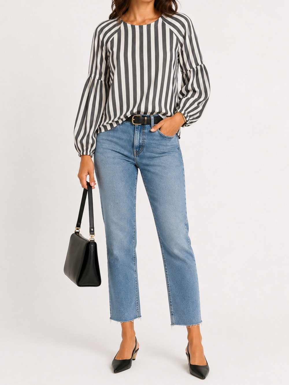 BANANA REPUBLIC Puff Sleeve Striped Blouse | Gray & White | Size Small - Picture 2 of 9